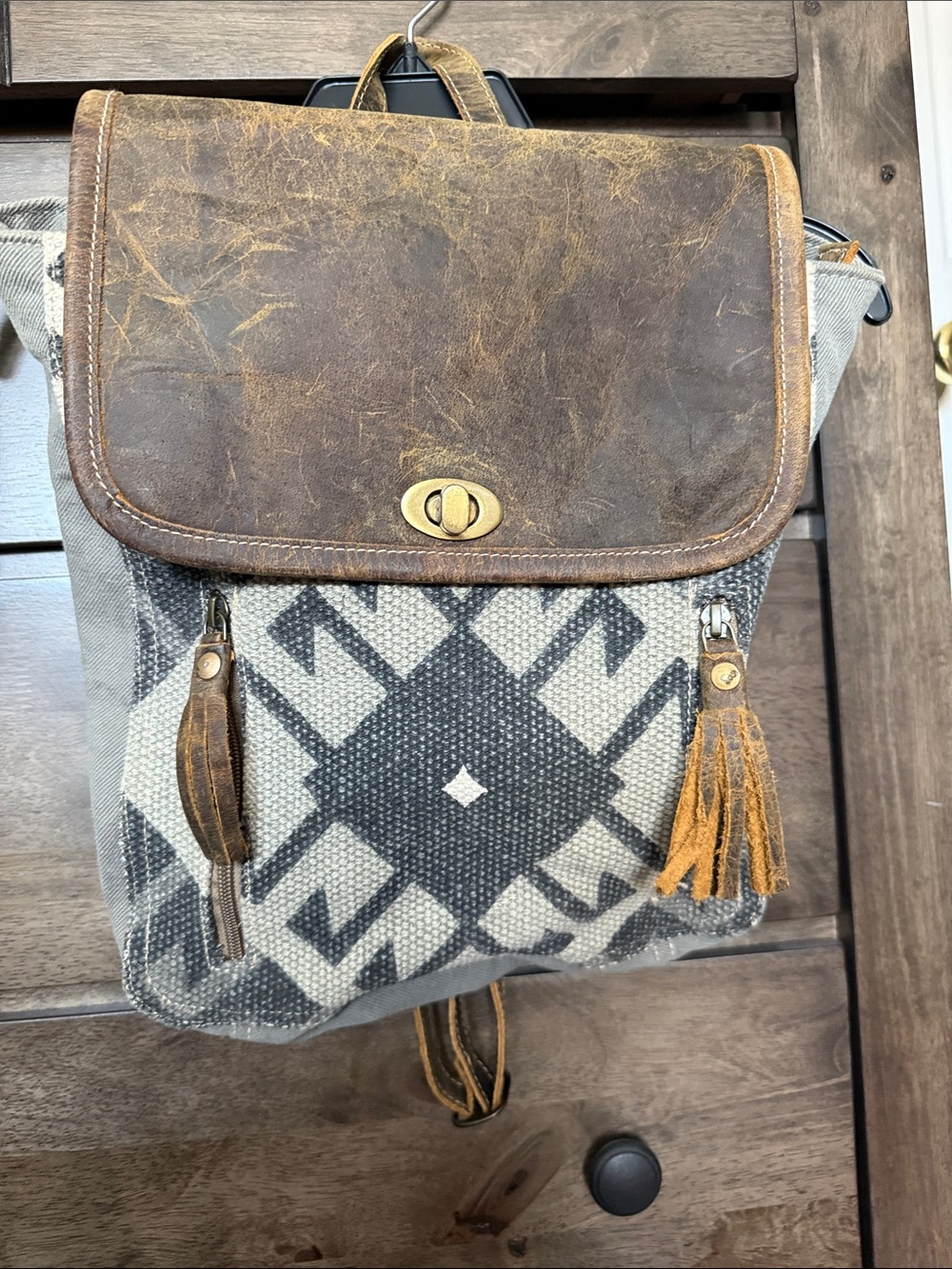 Myra Bag Brown Leather & Gray Aztec-Pattern Backpack